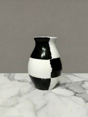 Vintage MCM Bitossi Ceramic black and white checkered vase, Italy 8" Tall